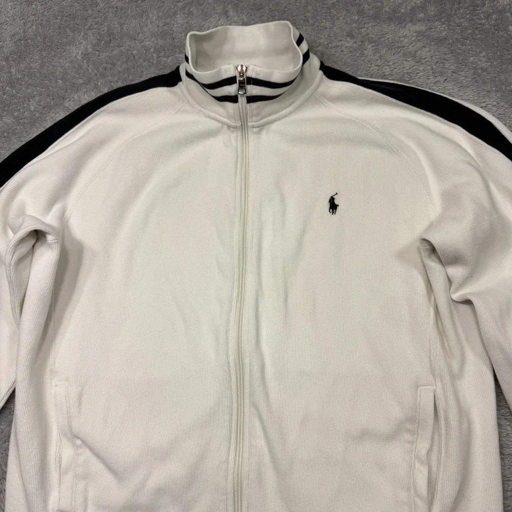 Polo Ralph Lauren Zip Up Mock Neck Sweater Large White Navy Blue Cotton Vintage